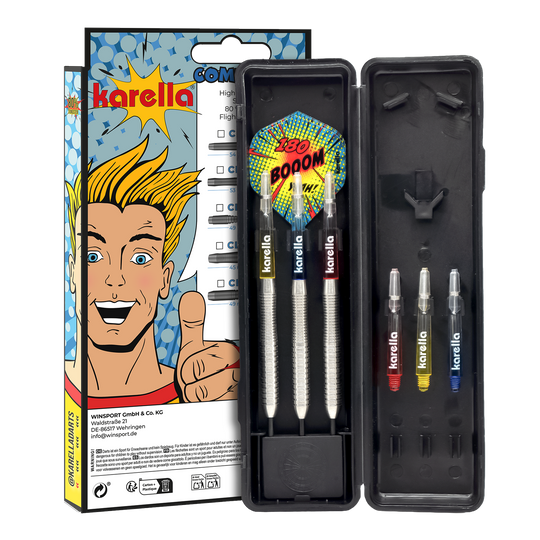 Freccette in acciaio Karella Comic Line CL-2 - 23 g Hier sind die Karella Comic Line CL-2 Steeldarts mit einem Gewicht von 23g abgebildet. Die Darts sind speziell für den Einsatz im Wettkampf gedacht.