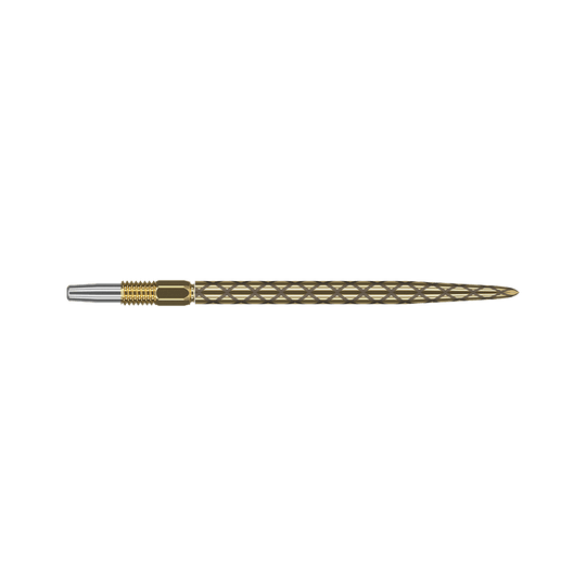 Punte per freccette Target Swiss Diamond Pro Gold Dies ist eine goldfarbene Dartspitze mit einem rautenförmigen Muster. Die Spitze ist schlank und hat am hinteren Ende einen silbernen Anschluss.