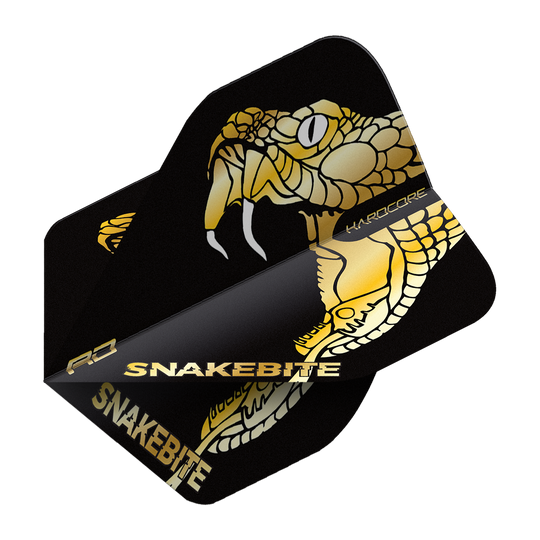 TF6837_Red_Dragon_Hardcore_Premium_Peter_Wright_Snakebite_Gold_Snake_Standard_Flights_215XbUEgqVHT3P Das Bild zeigt ein Dart-Flight mit einem goldenen Schlangenmotiv auf schwarzem Hintergrund. Auf dem Flight steht der Schriftzug "SNAKEBITE" in goldenen Buchstaben.