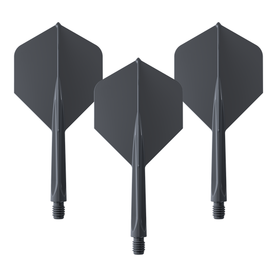 Unicorn Forge All In One Plus No2 Standard Flights Nero - Medio Das Bild zeigt drei schwarze Dartflights mit integriertem Schaft in mittlerer Größe. Es handelt sich um das Produkt "Unicorn Forge All In One Plus No2 Standard Flights Schwarz - Medium".