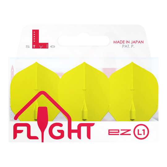 Voli standard L-Style Champagne L1EZ Das Bild zeigt eine Packung mit drei gelben L-Style Champagne L1EZ Standard Flights. Die Verpackung ist weiß mit roter und grauer Schrift und wurde in Japan hergestellt.