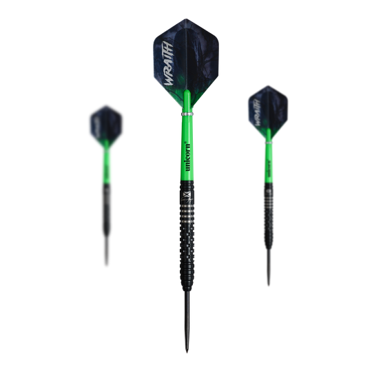 Freccette in acciaio Unicorn Wraith Cameron Menzies - 23 g Auf dem Bild sind die Unicorn Wraith Cameron Menzies Steeldarts - 23g zu erkennen. Es handelt sich um ein Set mit Steeldarts in silberner Farbe.