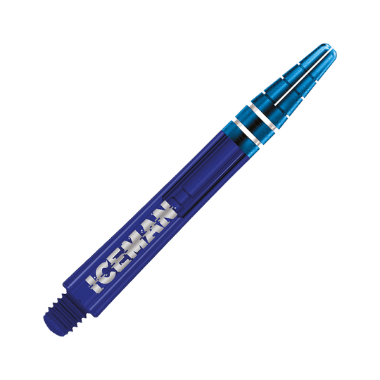C812_Red_Dragon_Nitrotech_Gerwyn_Price_Blue_Shafts_48mm_2 Dies ist ein blauer Dart-Schaft mit der Aufschrift "ICEMAN". Der Schaft hat zwei silberne Ringe am oberen Ende.
