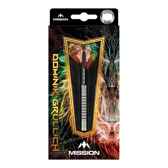 Missione Dominik Grüllich Steeldarts Die Abbildung zeigt die Verpackung der "Mission Dominik Grüllich Steeldarts - 23,5g". Die Verpackung ist bunt gestaltet und zeigt einen einzelnen Dartpfeil in der Mitte.