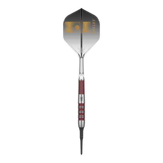Freccette morbide Target Stephen Bunting 95K - 19 g Das Bild zeigt einen Target Stephen Bunting 95K Softdart mit einem Gewicht von 19 Gramm. Der Dart hat ein elegantes schwarzes und silbernes Design mit roten Griffbereichen und einer schwarzen Flight mit goldenen Akzenten.