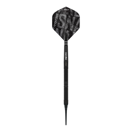 Freccette morbide Red Dragon Peter Wright Snakebite Black Mamba - 20 g Red Dragon Peter Wright Snakebite Black Mamba Softdarts - 20g. Abgebildet ist ein Detail des Softdarts-Designs in Schwarz.