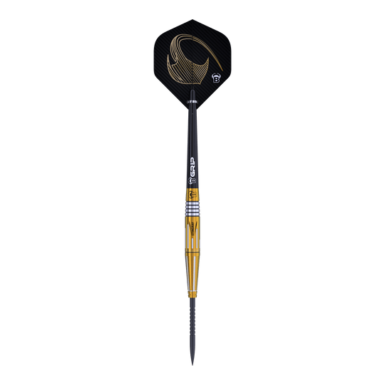 Freccette in acciaio Bulls Stingray ST4 Das Bild zeigt den Bulls Stingray ST4 Steeldart mit einem eleganten Design in Schwarz und Gold. Der Dart hat eine schlanke Form und ist mit einem auffälligen Flight ausgestattet.