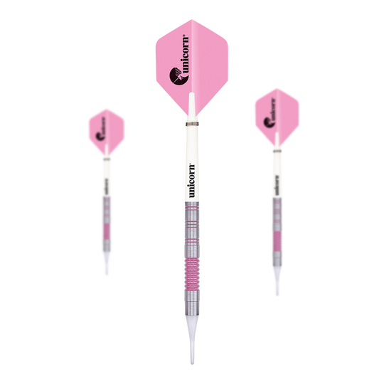 Freccette morbide autografate con unicorno - 19 g Das Bild zeigt drei Softdarts des Produkts "Unicorn Autograph Softdarts - 19g". Die Darts haben pinke Flights und einen silber-weißen Schaft mit pinken Akzenten.