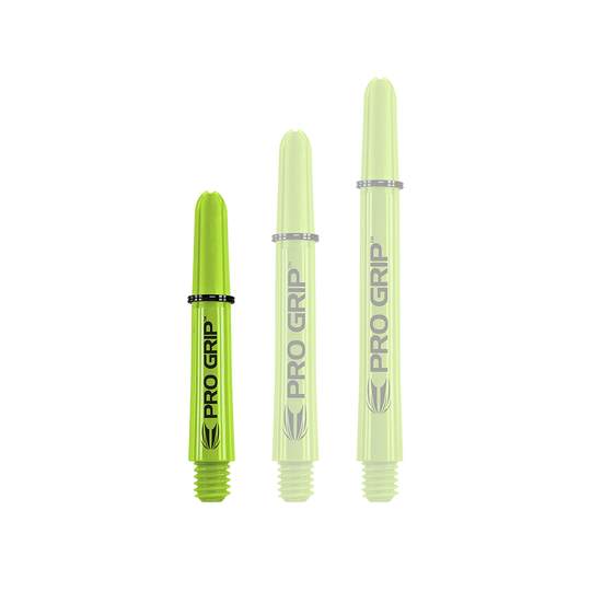 Target Pro Grip Shafts - 3 set - Verde lime Das Bild zeigt drei limegrüne Pro Grip Shafts in unterschiedlicher Länge. Auf jedem Schaft steht gut sichtbar der Schriftzug "PRO GRIP".