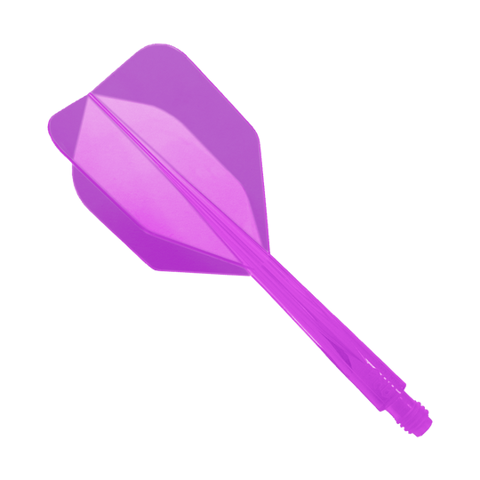 Condor Ax Purple Flight System Small - XL - 37,5 mm Das Bild zeigt ein lilafarbenes Dart-Flightsystem mit integriertem Schaft. Es handelt sich um das Modell "Condor Axe Purple Flight-System Small - XL - 37,5 mm".