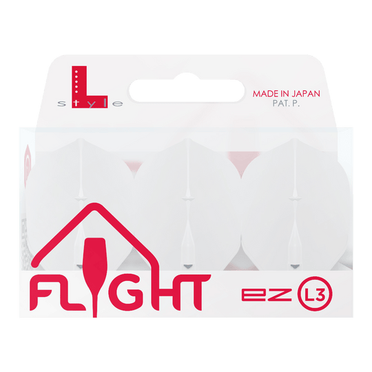 Voli L-L-Style3EZ Auf dem Bild ist eine Verpackung von L-Style Flights für Darts zu sehen. Die Verpackung ist weiß und enthält drei Flights des Typs EZ L3, hergestellt in Japan.