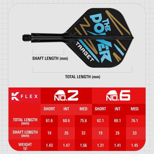 Sistema di alberi di volo standard Target K-Flex Phil Taylor No2 Das Bild zeigt das Produkt „Target K-Flex Phil Taylor No2 Standard Flights“ mit einer grafischen Darstellung und Maßen. Unten sind Tabellen mit Längen- und Gewichtsangaben für verschiedene Größen des Produkts abgebildet.