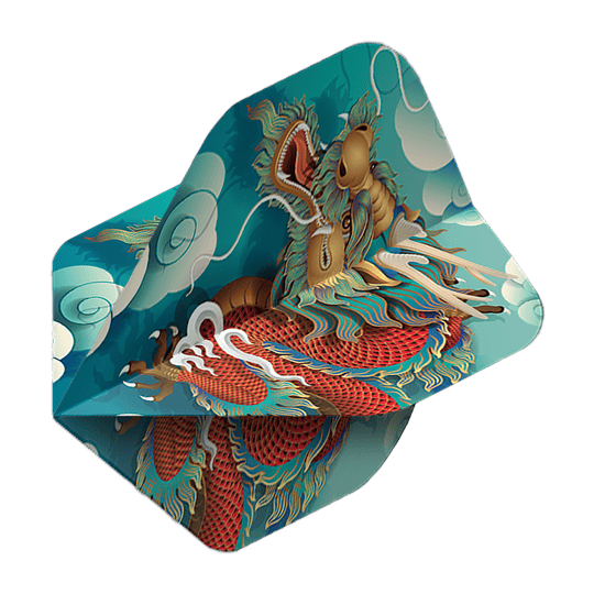 Voli Pentathlon Dragon Das Bild zeigt ein Dartflight mit einem farbenfrohen Drachenmotiv auf blauem Hintergrund. Es handelt sich um das Produkt "Pentathlon Dragon 5 Standard Flights".