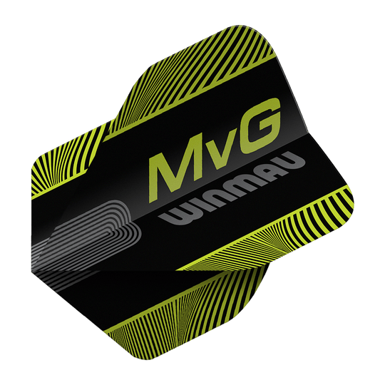 Winmau Prism Delta MvG Nero Verde Testo No2 Voli Standard Abgebildet sind die Winmau Prism Delta MvG Black Green Text No2 Standard Flights. Diese Dart-Flights haben ein schwarzes und grünes Farbmuster mit Schriftzug.