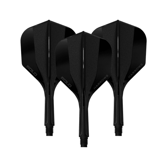 Hier sieht man ein Harrows Solo No6 Flight Shaft System in Schwarz, 20mm, 1 Set. Das Produkt wird aus der Seitenperspektive gezeigt.