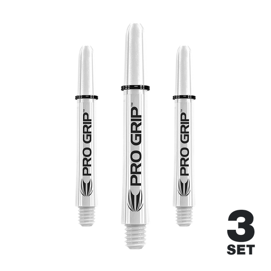 Target Pro Grip Shafts - 3 set - Bianco Das Bild zeigt drei weiße "Pro Grip" Shafts für Dartpfeile. In der unteren rechten Ecke steht "3 SET".