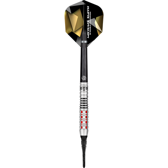 Shot Michael Smith Credi alle freccette morbide Das Bild zeigt den Softdart „Shot Michael Smith Believe“. Der Dart hat ein schwarzes Flight mit goldenen Akzenten und eine silberne Spitze mit roten Ringen.