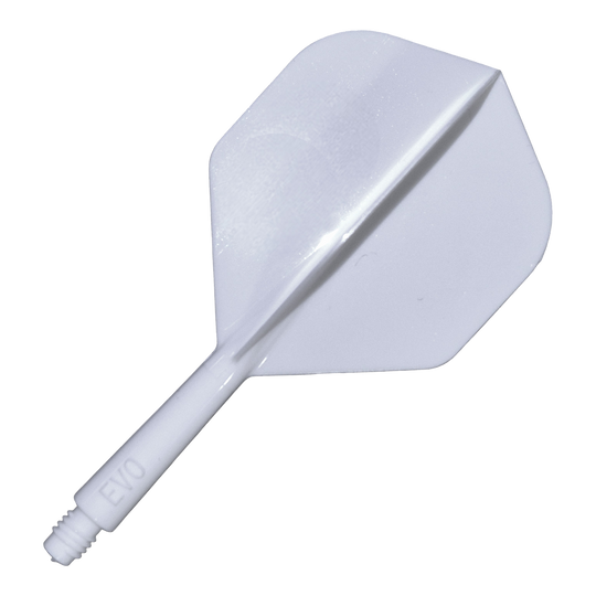 Sistema di albero di volo Evolution EVO1 - Bianco Das Bild zeigt das Evolution EVO1 Flight-Shaft-System in Weiß. Es handelt sich um ein Zubehör für Darts, das aus einem weißen Schaftsystem besteht.