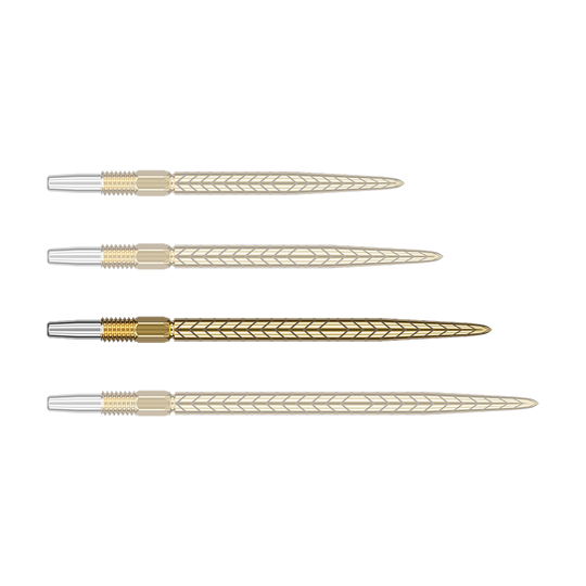 Punte per freccette Target Swiss Point RVE - Oro Auf dem Bild sind vier goldene Dartspitzen mit einem Muster zu sehen. Sie liegen parallel nebeneinander auf einem grünen Hintergrund.