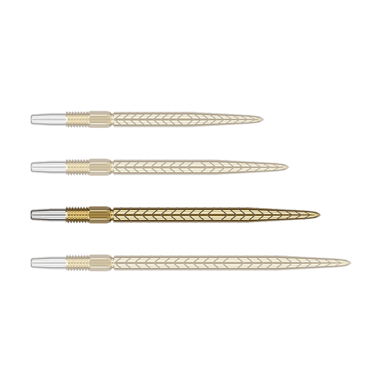 Punte per freccette Target Swiss Point RVE - Oro Alle Dartspitzen sind goldfarben und werden einzeln nebeneinander gezeigt. Die Oberfläche der Spitzen wirkt glatt.