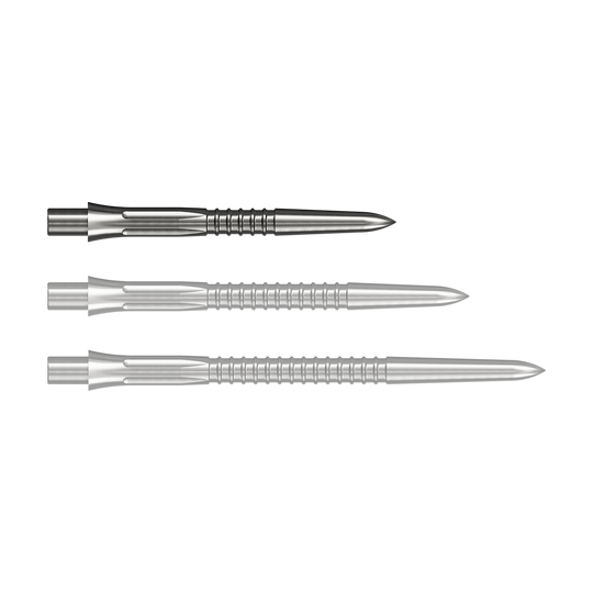 Punte per freccette Mission Caliburn EVO GV1 - argento Das Bild zeigt Steeldartspitzen in Silber mit einer Länge von 26 mm. Einzelne Spitzen sind gut erkennbar dargestellt.