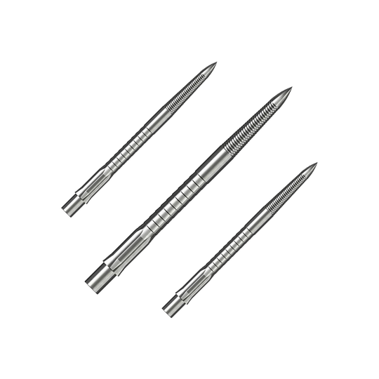 Das Bild zeigt drei silberne Steeldartspitzen mit feiner Riffelung. Sie sind länglich und haben ein Mikrorillen-Design für besseren Halt.