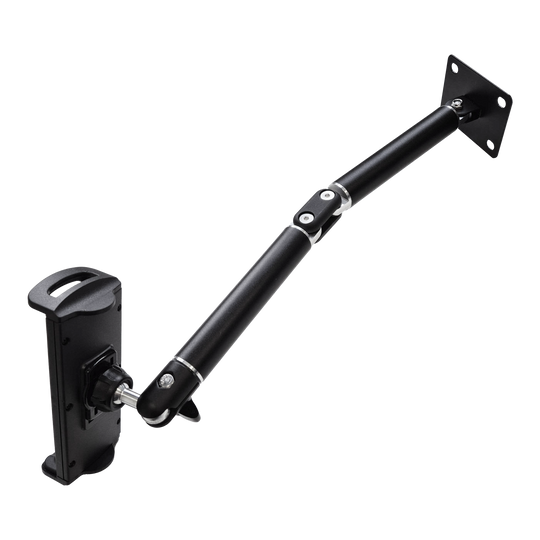 Supporto da parete per tablet McDart TABFlex con braccio flessibile Dieses Bild zeigt die McDart TABFlex Tablet Wandhalterung mit flexiblem Arm. Die Halterung ist schwarz und lässt sich an der Wand befestigen, um ein Tablet flexibel auszurichten.