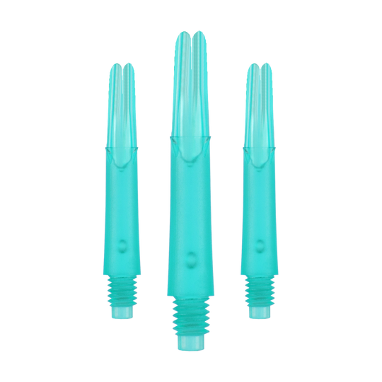 Alberi a L bloccati dritti - Smeraldo Das Bild zeigt drei türkisfarbene Dartshafts aus Kunststoff in einer Reihe. Sie haben ein gerades Design und sind unten mit einem Gewinde versehen.