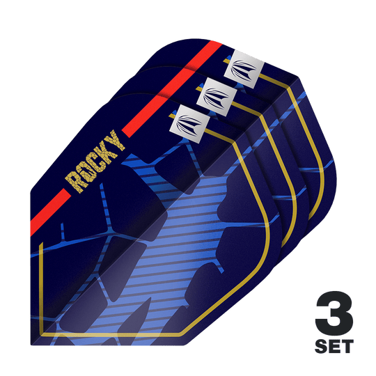 Target Pro Ultra Josh Rock GEN1 No6 Flights - 3 set Das Bild zeigt drei Sätze der Target Pro Ultra Josh Rock GEN1 No6 Flights. Die Flights sind dunkelblau mit goldenen, roten und blauen Designelementen sowie dem Schriftzug "ROCKY".