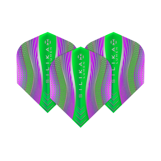 HF5125_Harrows_Silikia_Lumen_Purple_Green_No6_Flights_1yJ34B48Q5pQhO Harrows Silika Lumen Purple Green No6 Flights. Die Abbildung zeigt Dartflights mit lila und farbigen Details.