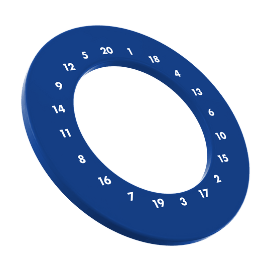 Cornice per bersaglio per freccette con numeri HD - Colori personalizzati Dies ist ein Foto eines blauen Dartboard-Surrounds ohne Logo. Das Surround ist kreisförmig und umgibt ein Dartboard.
