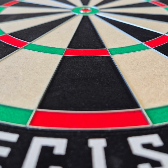 Bersaglio per freccette in acciaio di precisione McDart Das Bild zeigt eine Nahaufnahme eines McDart Precision Steeldartboards. Die farbigen Segmente und die scharf abgegrenzten Felder sind deutlich zu erkennen.