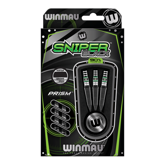 Freccette morbide Winmau Sniper Black 2025 - 20 g Die Abbildung zeigt die Winmau Sniper Black 2025 Softdarts mit einem Gewicht von 20 Gramm. Die Verpackung ist in Schwarz und Grün gehalten und enthält drei Softdarts mit 90% Tungsten.