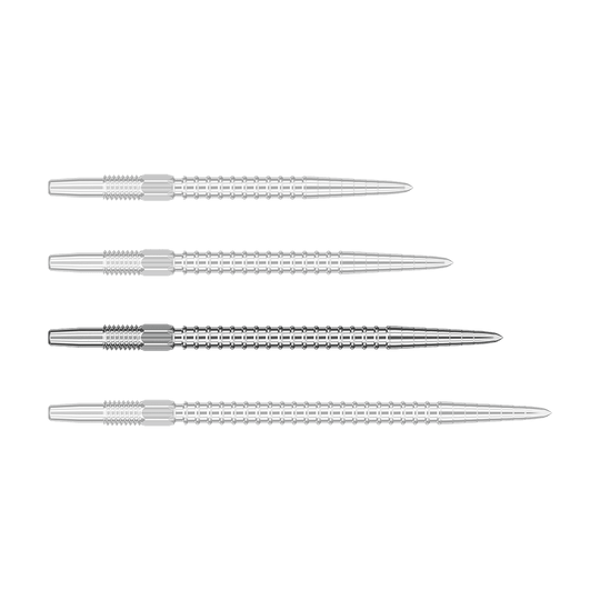 Auf dem Bild sind vier silberne Dartspitzen zu sehen, die horizontal ausgerichtet sind. Sie haben ein geriffeltes Muster und wirken hochwertig verarbeitet.