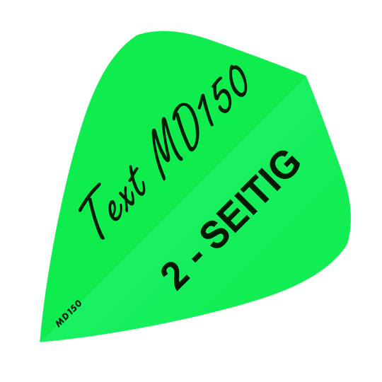 MD-303_2-Seitig_Bedruckte_Flights_Wunschtext_MD150_Neongr-n_Kite_1 Das Bild zeigt einen neon-grünen Flight in einer Kite-Form. Auf dem Flight steht der Text „Text MD150“ und „2-SEITIG“.