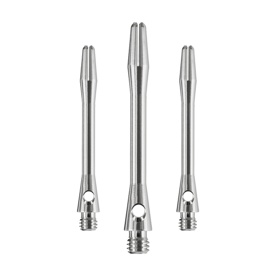 HR370_Harrows_Keramic_Shafts_Gun_Metal_41mm_1 Das Bild zeigt drei silberne Harrows Keramic Shafts in Gun Metal Farbe. Sie sind Dartschäfte in unterschiedlichen Längen.