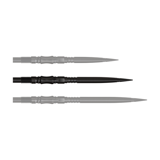 Harrows Quick Point Axis Elite Series Dartspitzen - Schwarz Axis Black Elite Series Dartspitzen in 35mm Länge sind zu sehen. Die Spitzen sind schwarz und schlank.