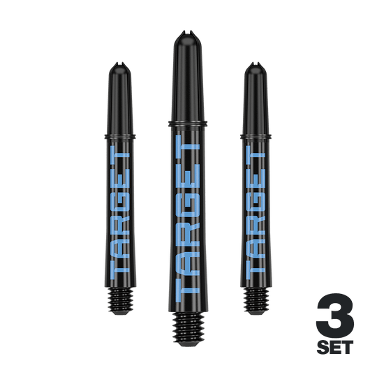 Aste Target Pro Grip TAG - 3 set - Nero Blu Das Bild zeigt drei schwarze Dartschäfte mit blauer Aufschrift "TARGET". Unten rechts steht "3 SET", was auf ein Set aus drei Stück hinweist.