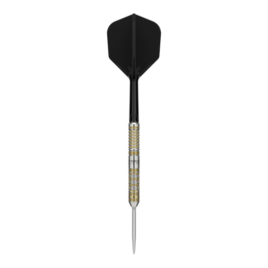 Freccette in acciaio Target Japan Black Marque Reyn GEN2 Das Bild zeigt einen Steeldart mit schwarzem Flight und gold-silbernem Barrel. Es handelt sich um das Produkt "Target Japan Black Marque Reyn GEN2 Steeldarts".