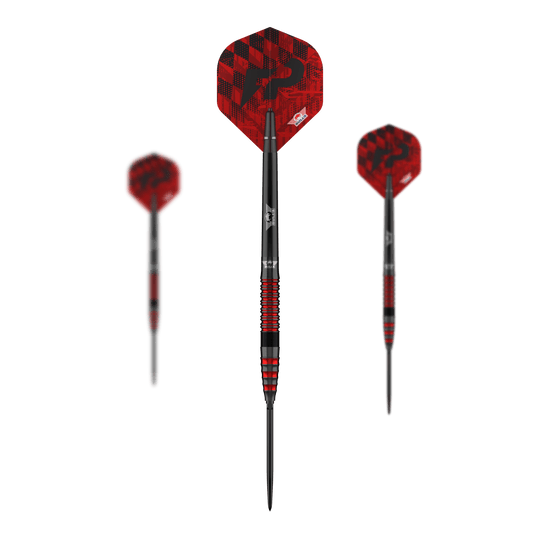 Bulls NL Florian Price 90 Convertible Point Steeldarts Das Bild zeigt das komplette Set Bulls NL Florian Preis 90 Convertible Point Steeldarts. Die Darts sind silberfarben.