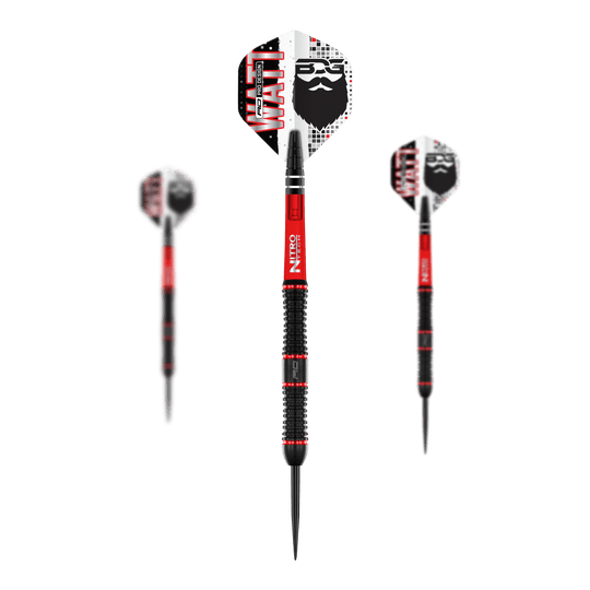 Freccette in acciaio Red Dragon Jason Watt - 22 g Das Bild zeigt drei Steeldarts des Modells "Red Dragon Jason Watt" mit einem Gewicht von 22g. Die Darts sind schwarz-rot und haben Flights mit einem Bartmotiv und der Aufschrift "WATT".