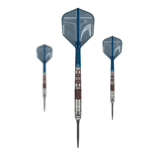 Dardi in acciaio Target Star Wars Mandalorian 95 Swiss Point Target Star Wars Mandalorian 95 Swiss Point Steeldarts sind auf dem Bild zu sehen. Es handelt sich um spezielle Steeldarts mit Mandalorian-Design.