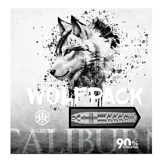 Caliburn Wolfpack W3 Steeldarts - 21 g Das Bild zeigt die Verpackung der Caliburn Wolfpack W3 Steeldarts mit einem Wolf als Motiv. Die Darts bestehen zu 90 % aus Tungsten und wiegen 21 Gramm.