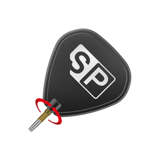 Punte per freccette Target Swiss Firepoint Gold Das Bild zeigt eine schwarze Dart-Flightscheibe mit dem weißen Aufdruck "SP". Darunter ist eine goldene Dartspitze mit einem roten Pfeil, der eine Drehbewegung anzeigt.