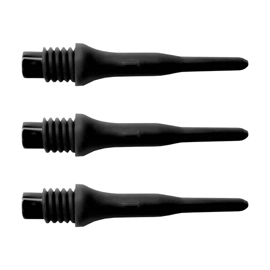 896_Bulls_Tefo_X_Softdart-Spitzen_100erPack_Schwarz_1 Das Bild zeigt drei schwarze Bulls Tefo X Spitzen. Diese Spitzen sind für Softdartpfeile und werden hier als 100er Pack angeboten.