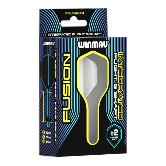 Sistema di alberi di volo Winmau Fusion standard bianco Auf dem Bild ist eine Verpackung des Winmau Fusion Integrated Flight & Shaft Systems in Weiß zu sehen. Die Verpackung zeigt einen 22 mm langen Schaft mit der Standardform #2.