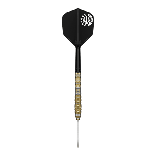Freccette in acciaio Target Japan Hot Shot GEN2 - 23 g Das Bild zeigt einen Target Japan Hot Shot GEN2 Steeldart mit einem Gewicht von 23g. Der Dart hat eine goldene, strukturierte Spitze und schwarze Flights.