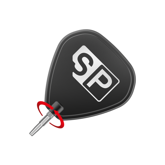 Punte per freccette Target Swiss Point Chrono - Argento Das Bild zeigt eine schwarze Dartflügel mit den weißen Buchstaben "SP" darauf. An der Unterseite ist eine silberne Dartspitze zu sehen, die mit einem roten Pfeil markiert ist.
