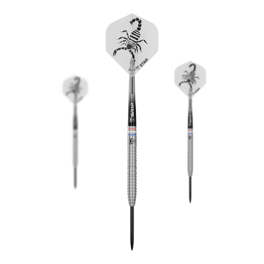 Bulls Challenger Kendji Steinbach Steeldarts - 23 g Dieses Bild zeigt ein Set der Bulls Challenger Kendji Steinbach Steeldarts - 23g. Die Darts sind für Präzision und ein komfortables Spielerlebnis gestaltet.
