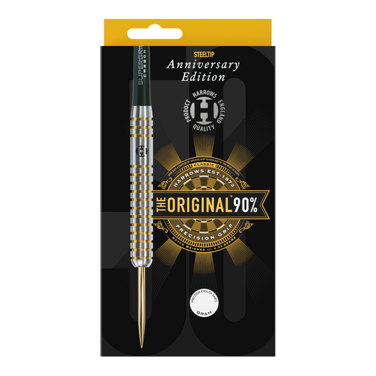 Harrows Anniversary Edition L'originale Steeldarts Auf dem Bild ist eine Packung mit einem Steeldart der Marke Harrows zu sehen. Die Verpackung zeigt die Aufschrift „Anniversary Edition“ und „The Original 90%“.